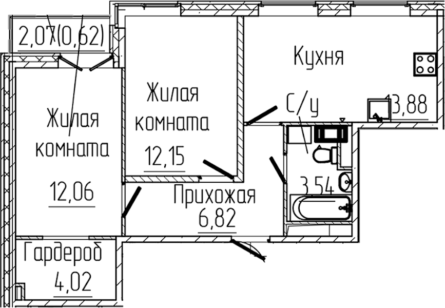 2-комнатная квартира 53.09 м², 7/8 эт., ЖК «SERTOLOVO PARK»
